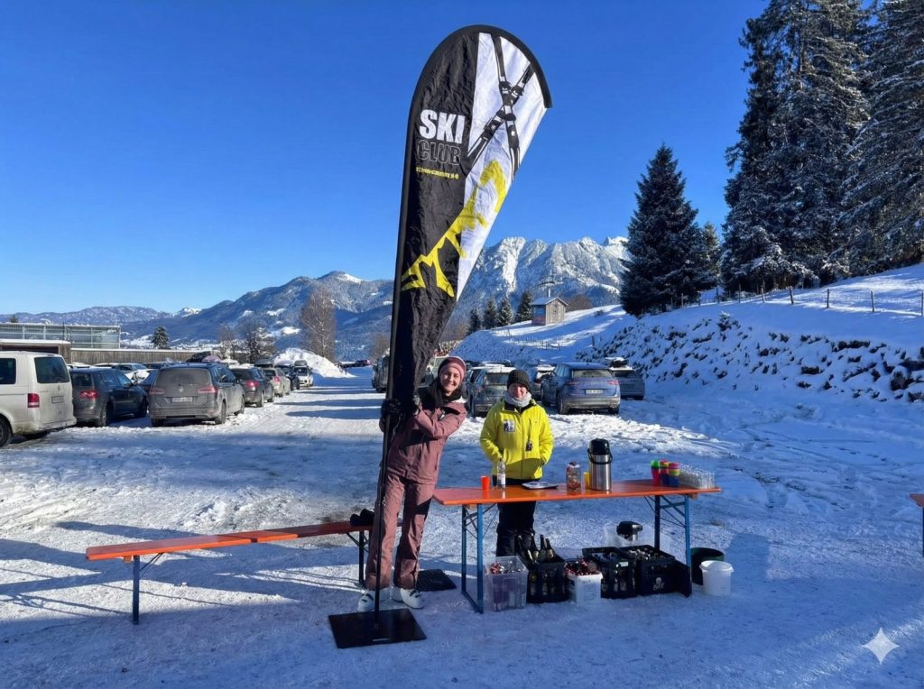 Info- und Verpflegungsstand des Ski-Clubs mit Beachflag im Skigebiet
